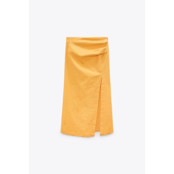 Yellow Zara Linen Blend Ruched Midi Skirt (NWT) - Picture 5 of 7